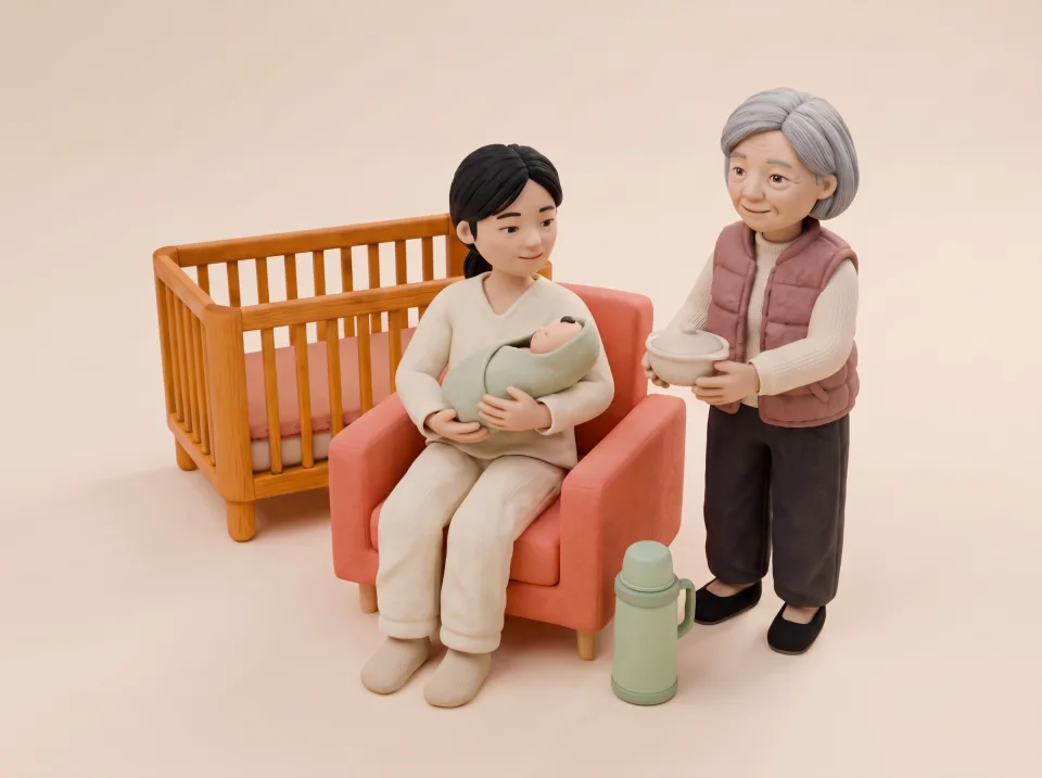 Felt miniature of a mother in an armchair holding her newborn while the grandmother brings a bowl of soup, with a thermos on the floor