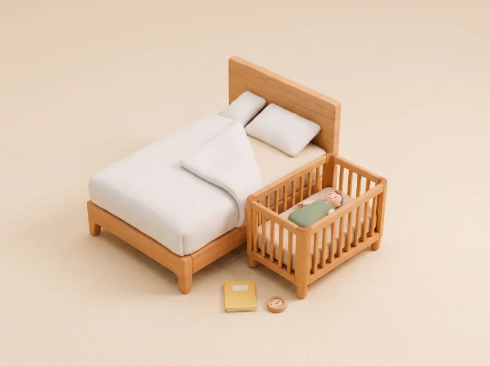 Felt miniature of a bedside cot pushed against a bed, a baby asleep on its back in a sleeping bag, a yellow booklet and a room thermometer